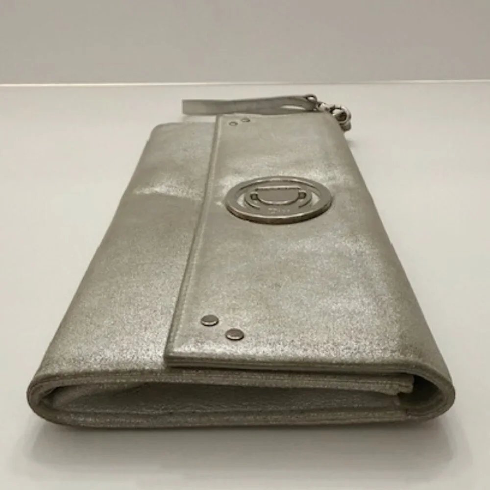 Christian Dior Silver Metallic Clutch Wristlet Bag w/ Silver Logo - Picture 2 of 7